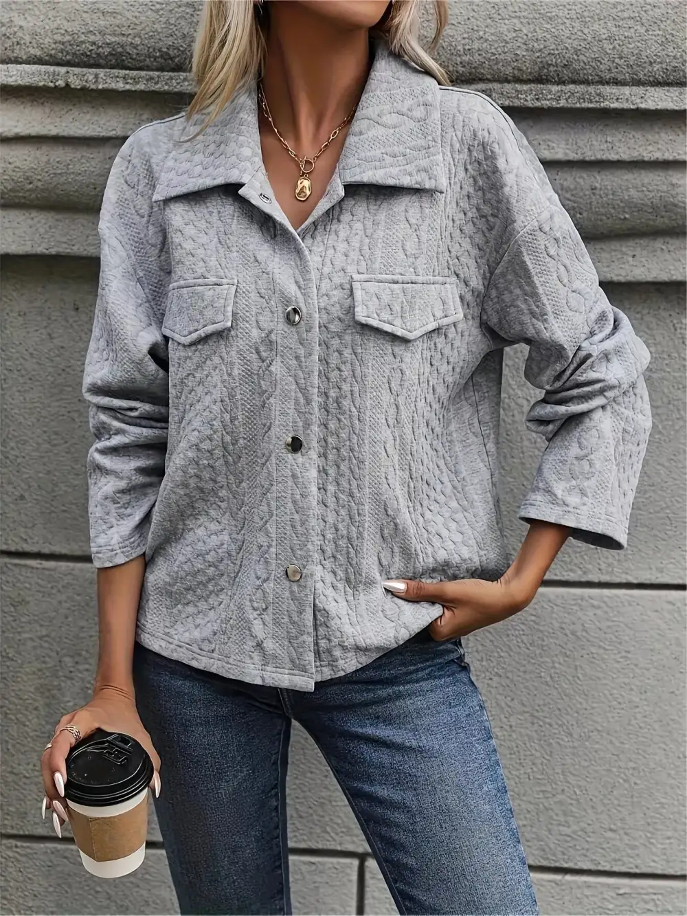 Textured Knit Button-up Jacket