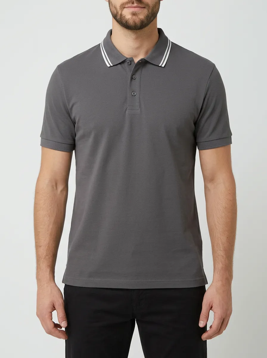 Men's Casual Grey Striped Collar Polo Shirt