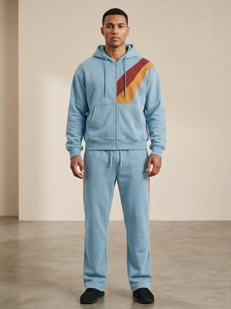 Men's Retro Stripe Pattern Printed Zip-up Hoodie Tracksuit