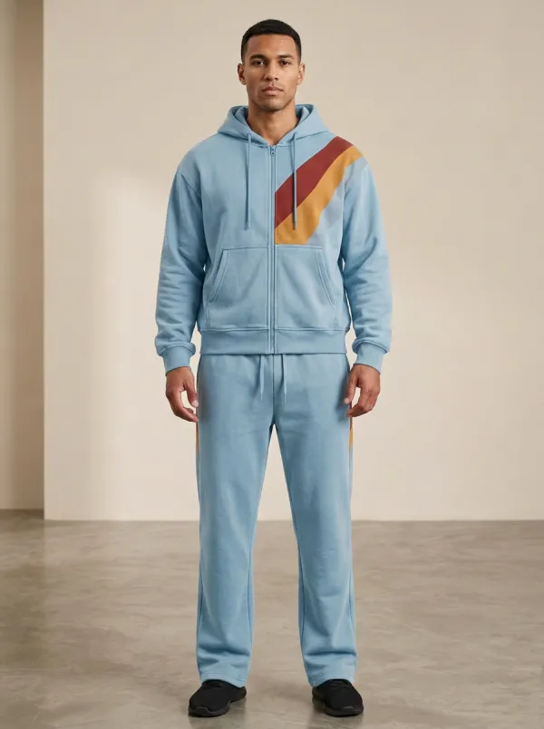 Men's Retro Stripe Pattern Printed Zip-up Hoodie Tracksuit