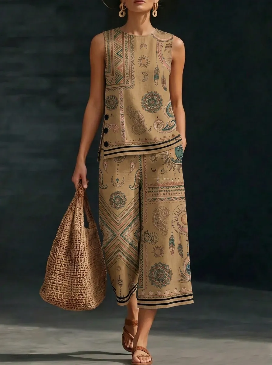 Women's Boho Mandala Sun Moon Printed Sleeveless Set