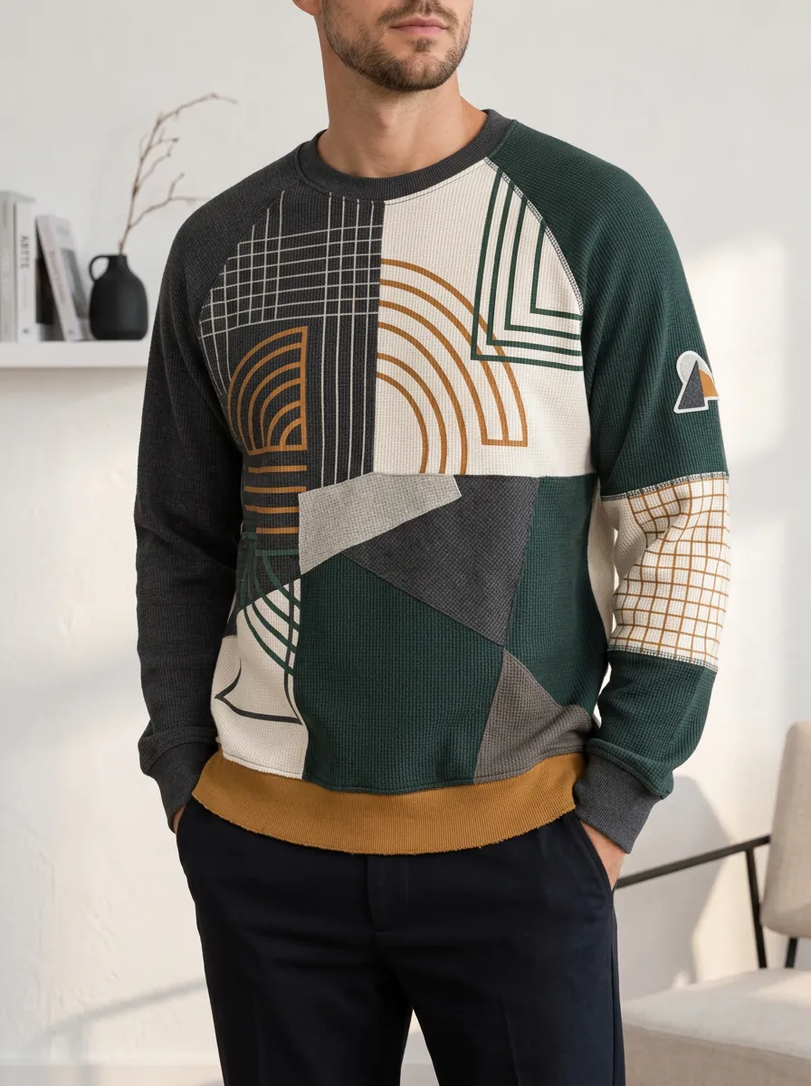 Men's Multicolor Geometric Pattern Textured Waffle Knit Crewneck Sweatshirt