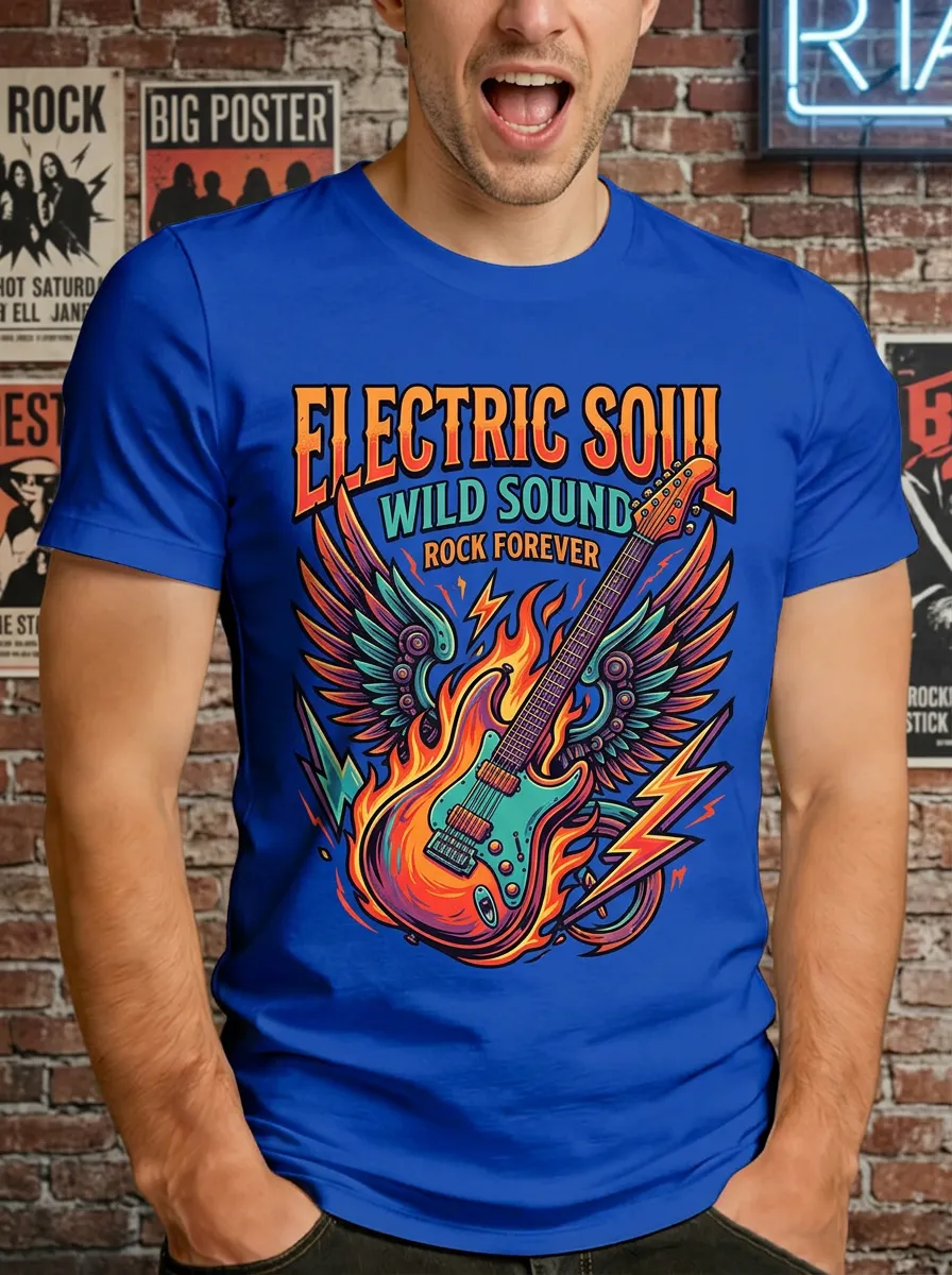 Men's Rock Music Electric Guitar Wings Flame Printed T-shirt