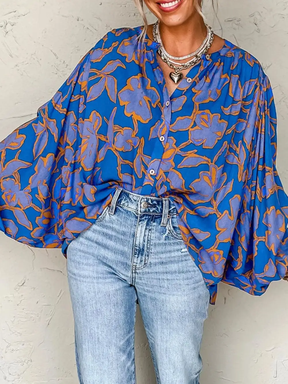 Print Batwing Sleeve Buttoned Loose Fit Shirt