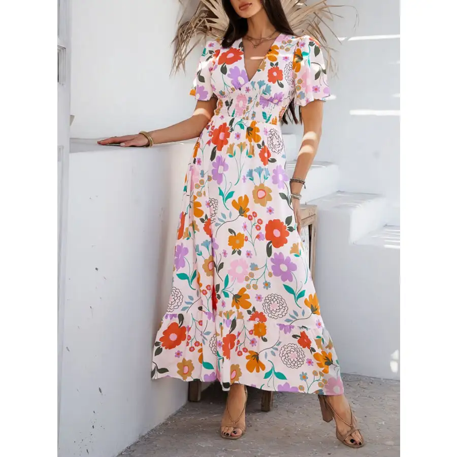 Smocked Printed V Neck Short Sleeve Maxi Dress