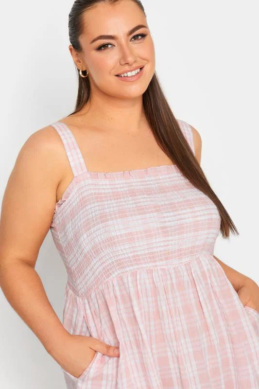 Pink Check Print Shirred Strappy Sundress detail 3