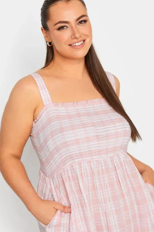 Pink Check Print Shirred Strappy Sundress