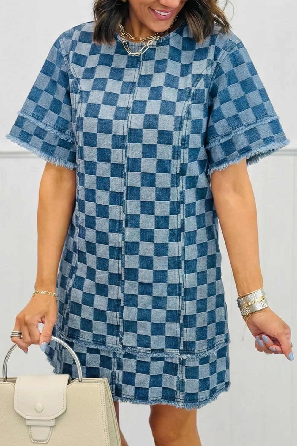 Blue Checkered Denim Mini Dress