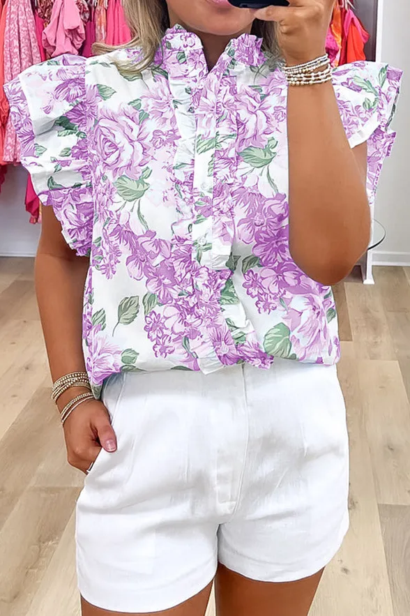 Floral Ruffled Button Front Shirt Blouse