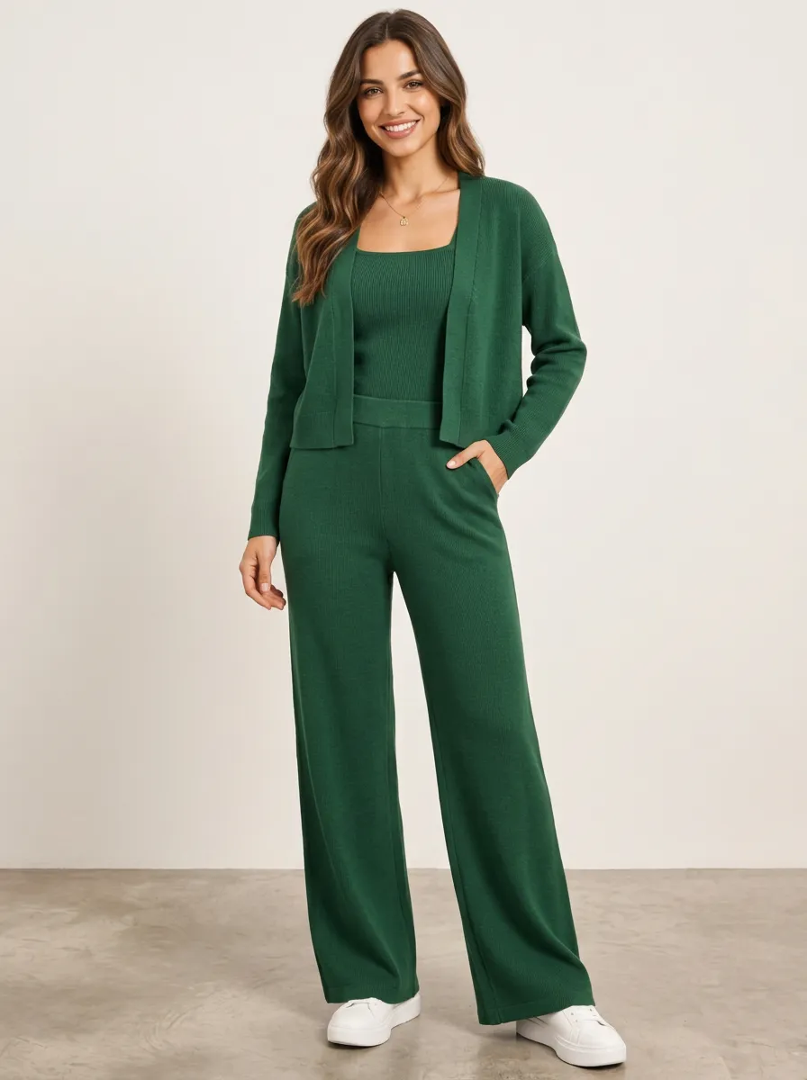 Women's Ribbed Knit Cardigan with Tank and Green Pants Set