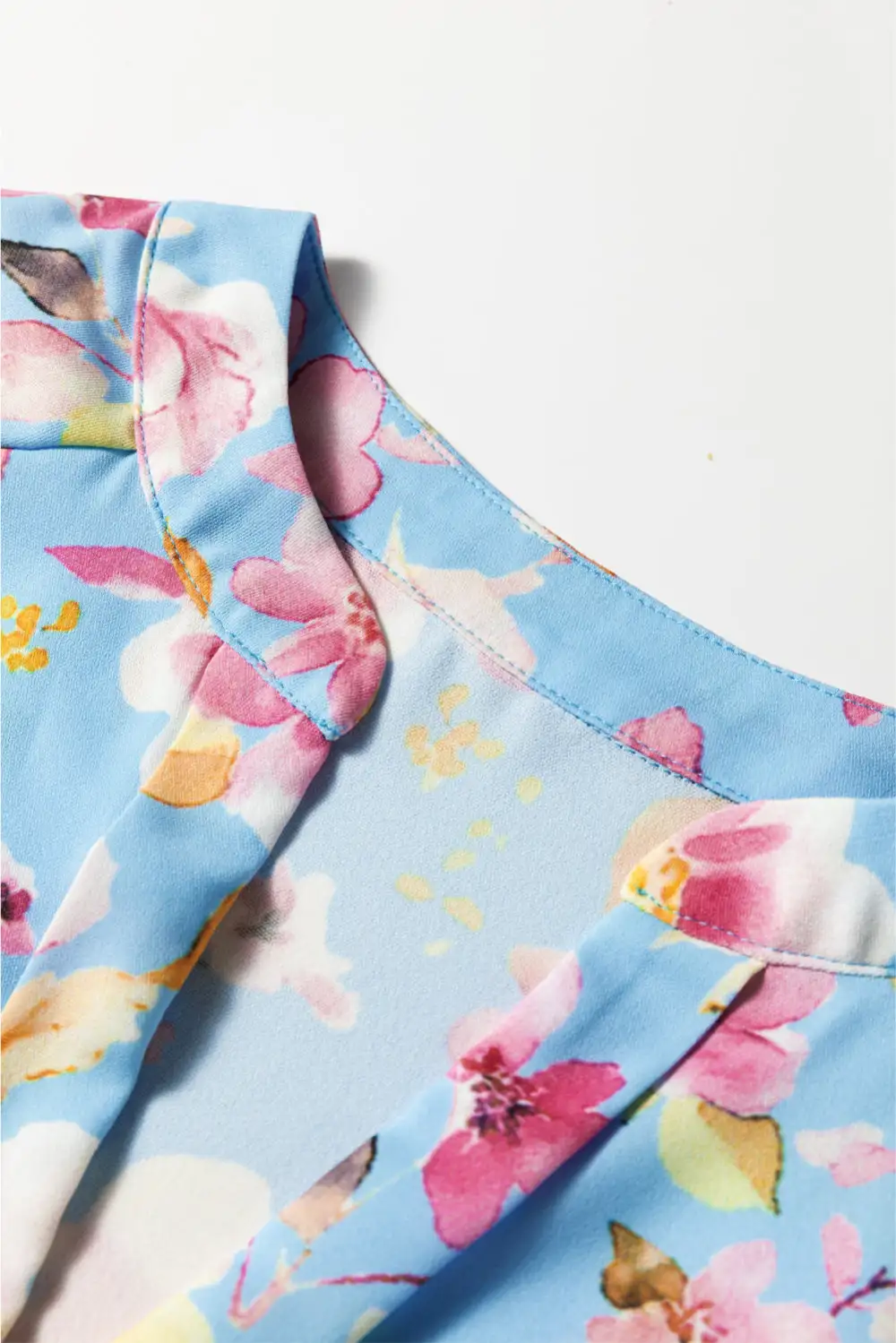 Sky Blue Floral Smocked Cuff Flounce Sleeve V Neck Blouse