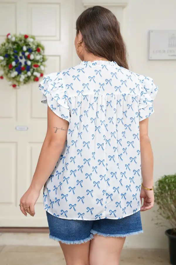 Women's Short Sleeve Ruffled Bow Detail Top