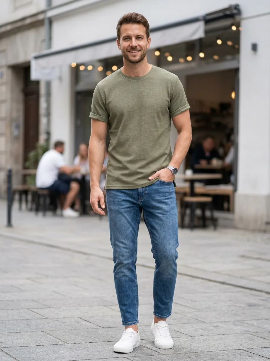 Men's Casual Olive Waffle Knit T-shirt and Blue Denim Jeans Set