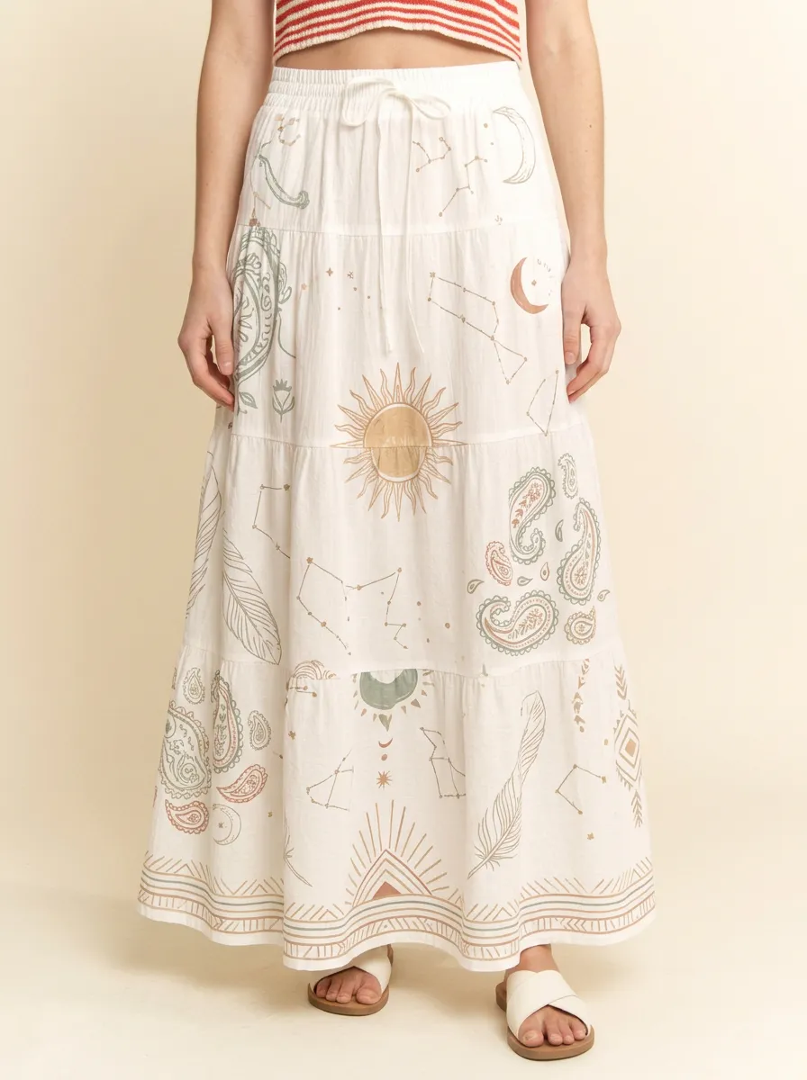 Women's Celestial Boho Sun Moon Constellation Printed Maxi Skirt