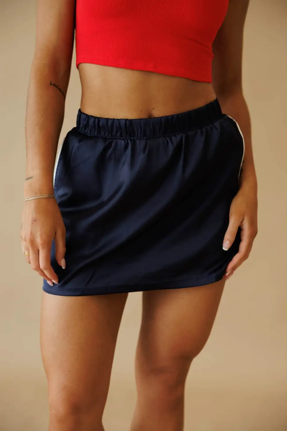 Satin Elastic Waist Built-In Shorts Skirt