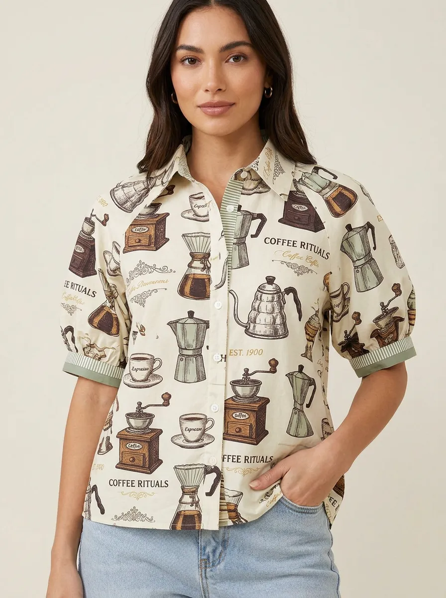 Women's Coffee Lover Coffee Rituals Pattern Printed Shirt