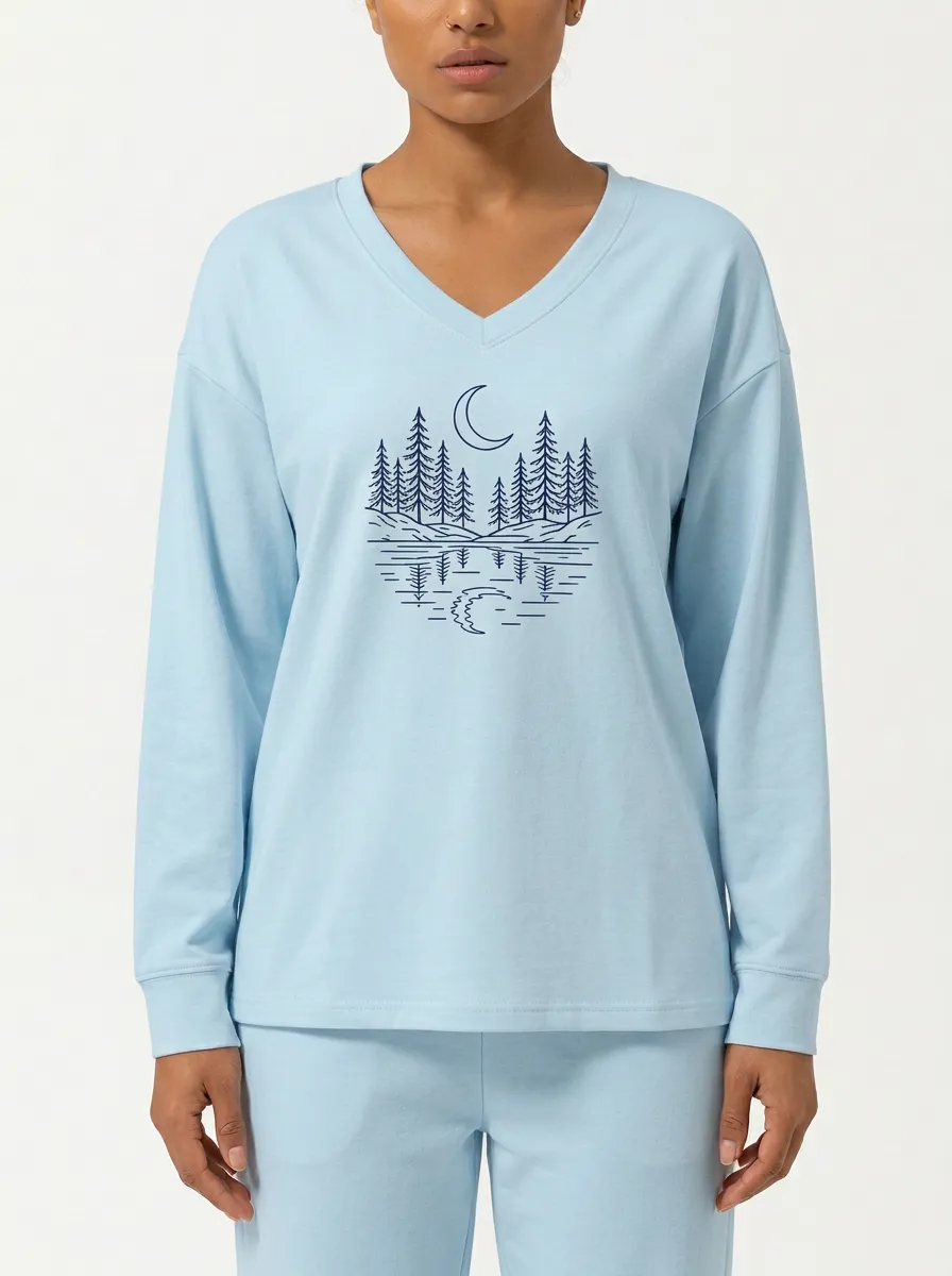 Women's Moon Graphic V-Neck Long-Sleeve Top