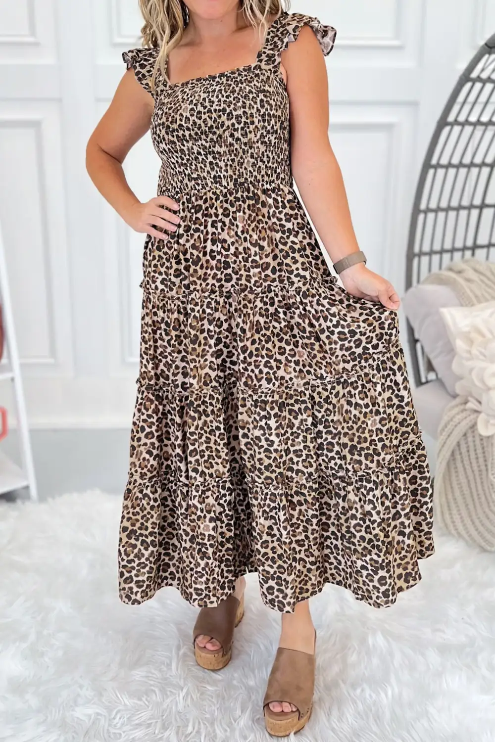 Ruffled Straps Smocked Tiered Leopard Maxi Dress