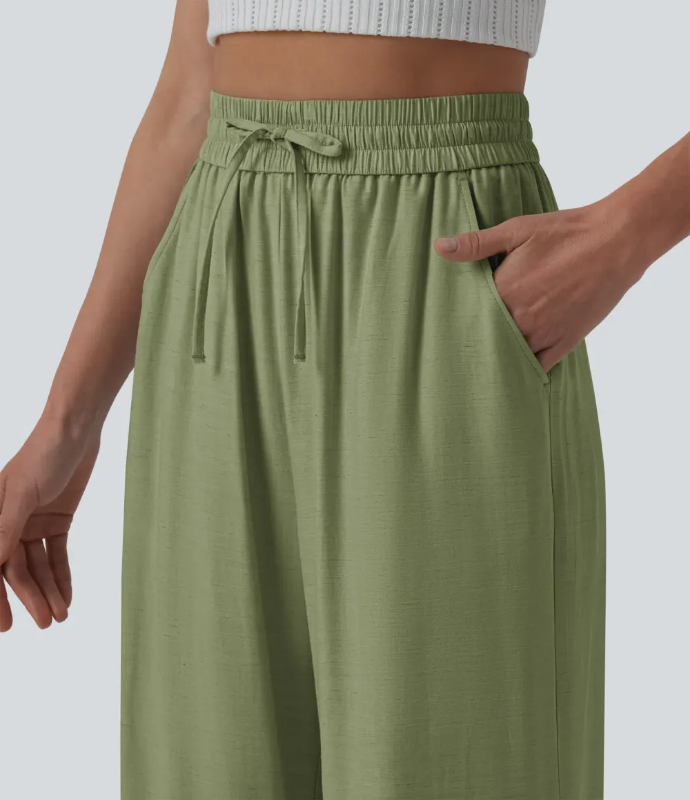 2026🔥High Waisted Drawstring Wide Leg Casual Linen-Blend Trousers with Pockets