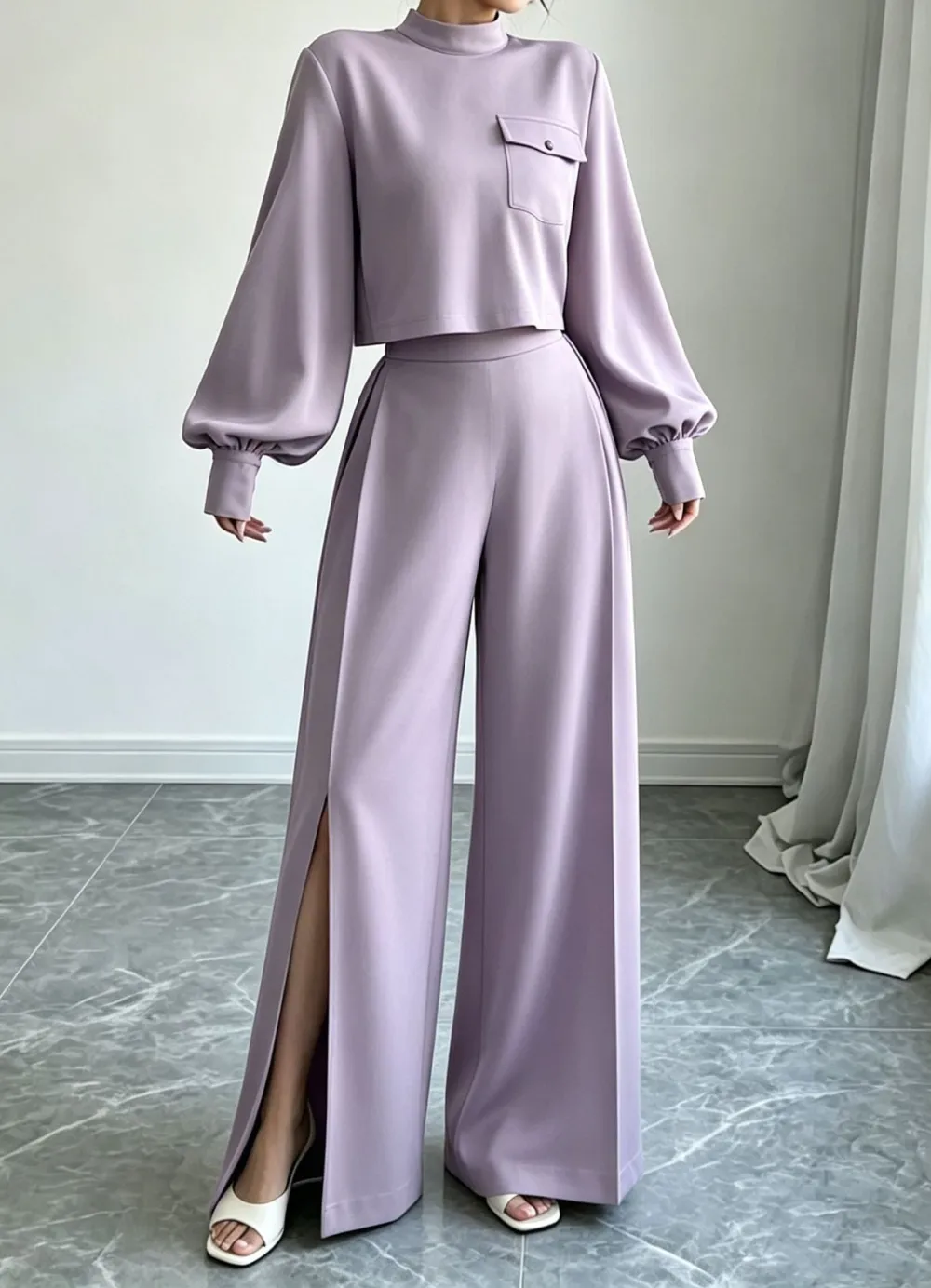 Wide-Leg Long-Sleeve Knit Women's Matching Set