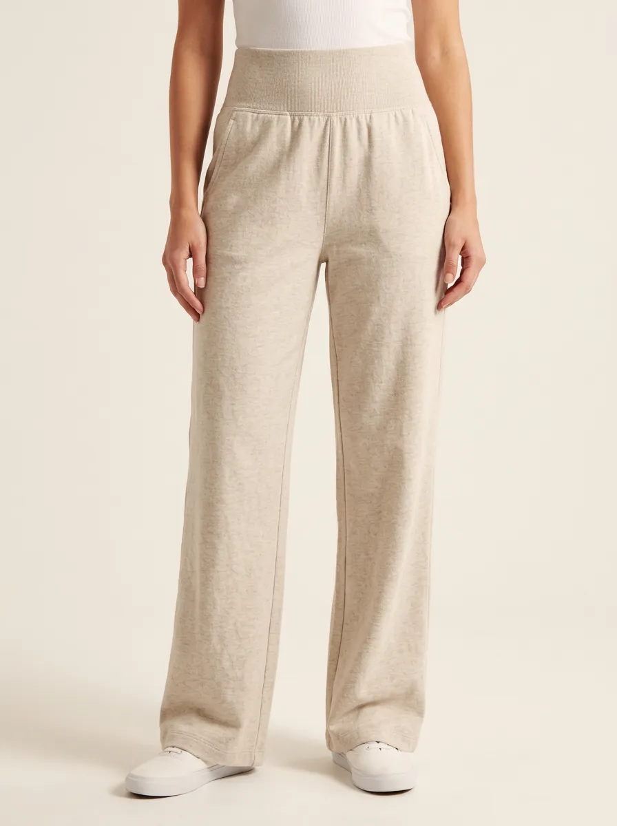 Women's High Rise Wide Leg Pants in Beige with Elastic Waist