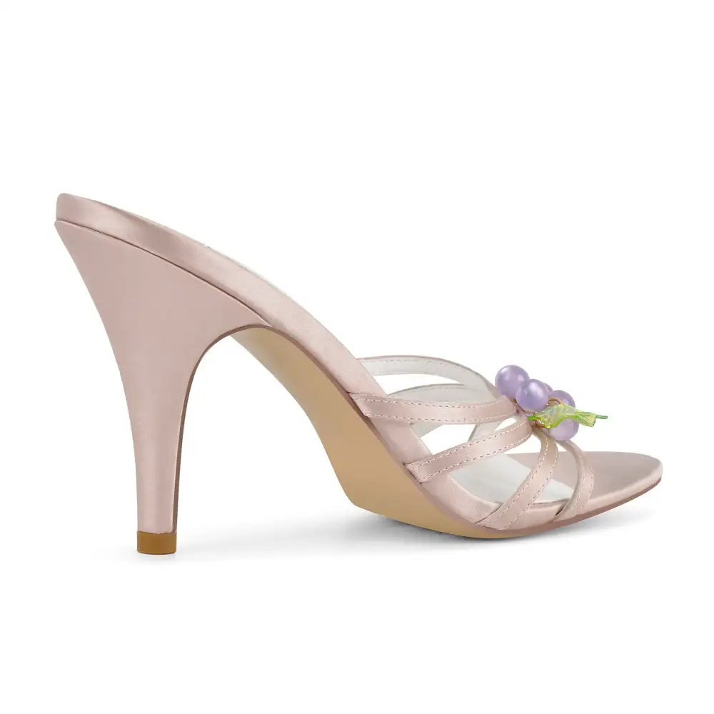 Pointed Toe Satin Grape Bead Embellished Mule Sandals