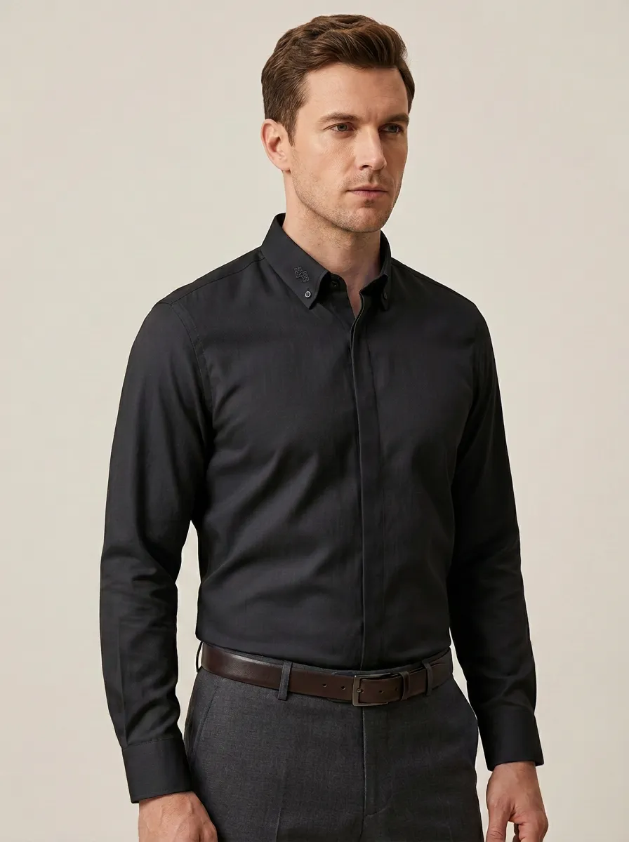 Men's Non-Iron Cotton Embroidered Collar Button-Down Shirt