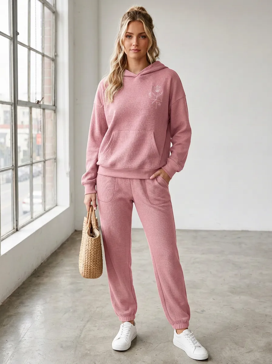 Women's Minimalist Floral Line Art Printed Waffle Knit Hoodie Jogger Set