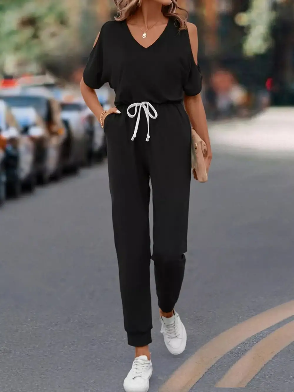 Cold Shoulder V Neck Drawstring Waist Jumpsuit