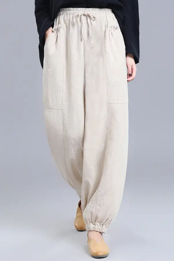 Textured Linen Cotton Wide Leg High Waist Pocketed Trousers