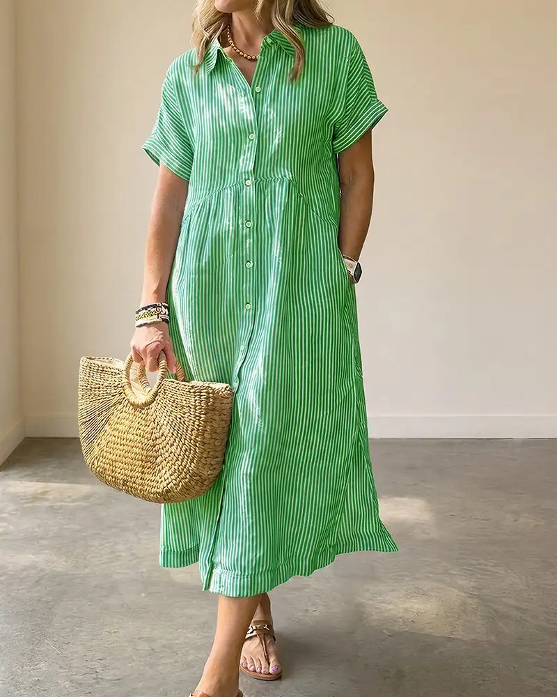 Casual Striped Short Sleeve Cotton Linen Shirt Midi Dress
