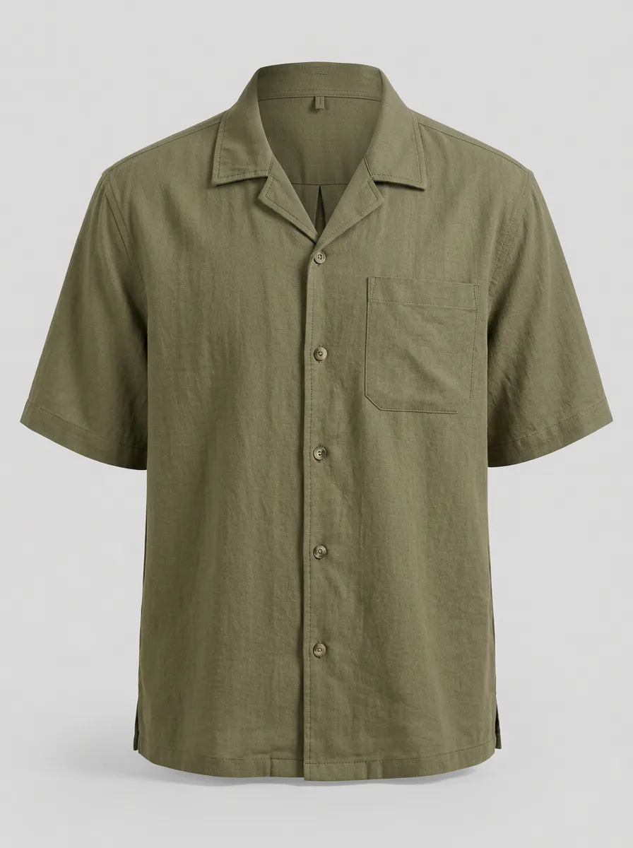 Men's Olive Green Camp Collar Short Sleeve Shirt - Design B