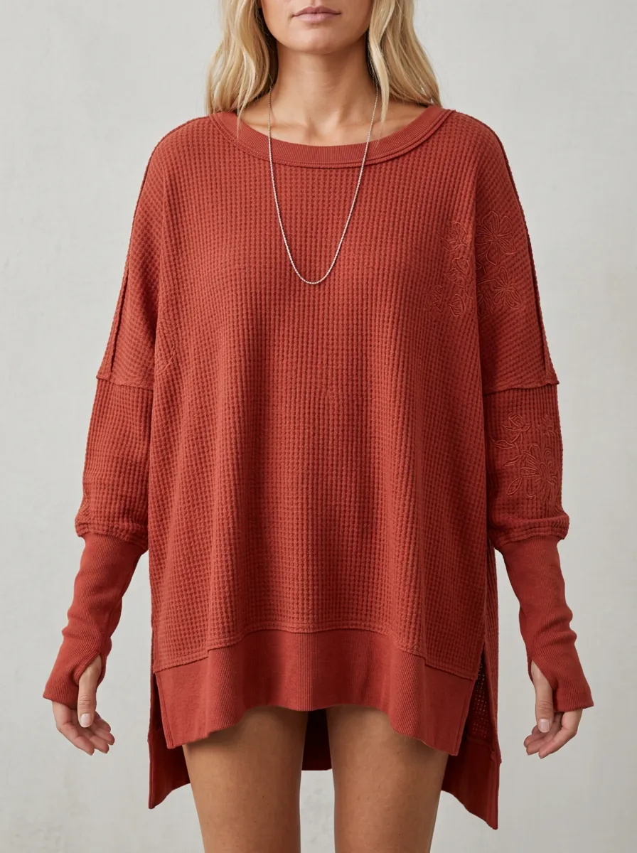 Women's Floral Embroidered Waffle Knit Thumbhole Top