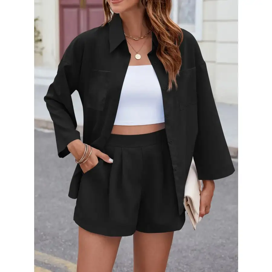 Relaxed Button Up Long Sleeve Top and Shorts Set