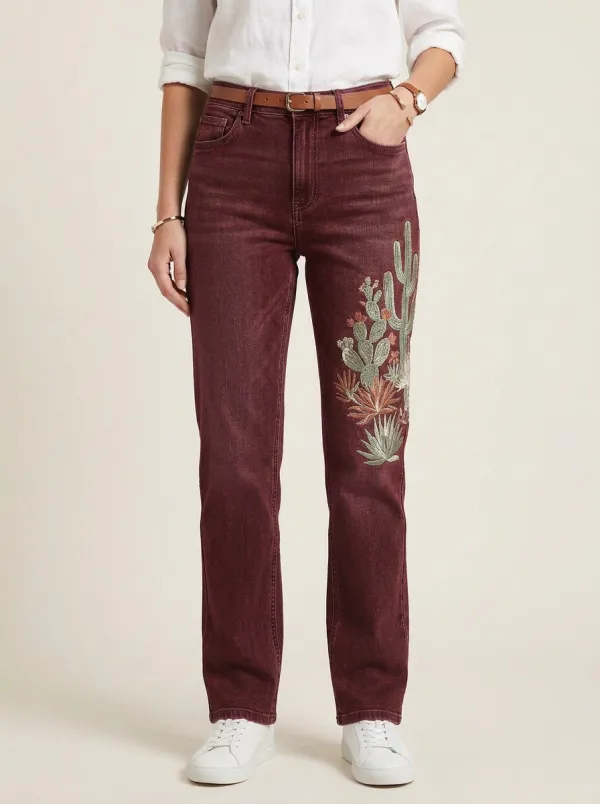 Women's Desert Lover Cactus Embroidered Printed Straight Leg Jeans