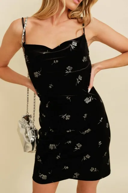 Black Velvet Rose Mini Dress