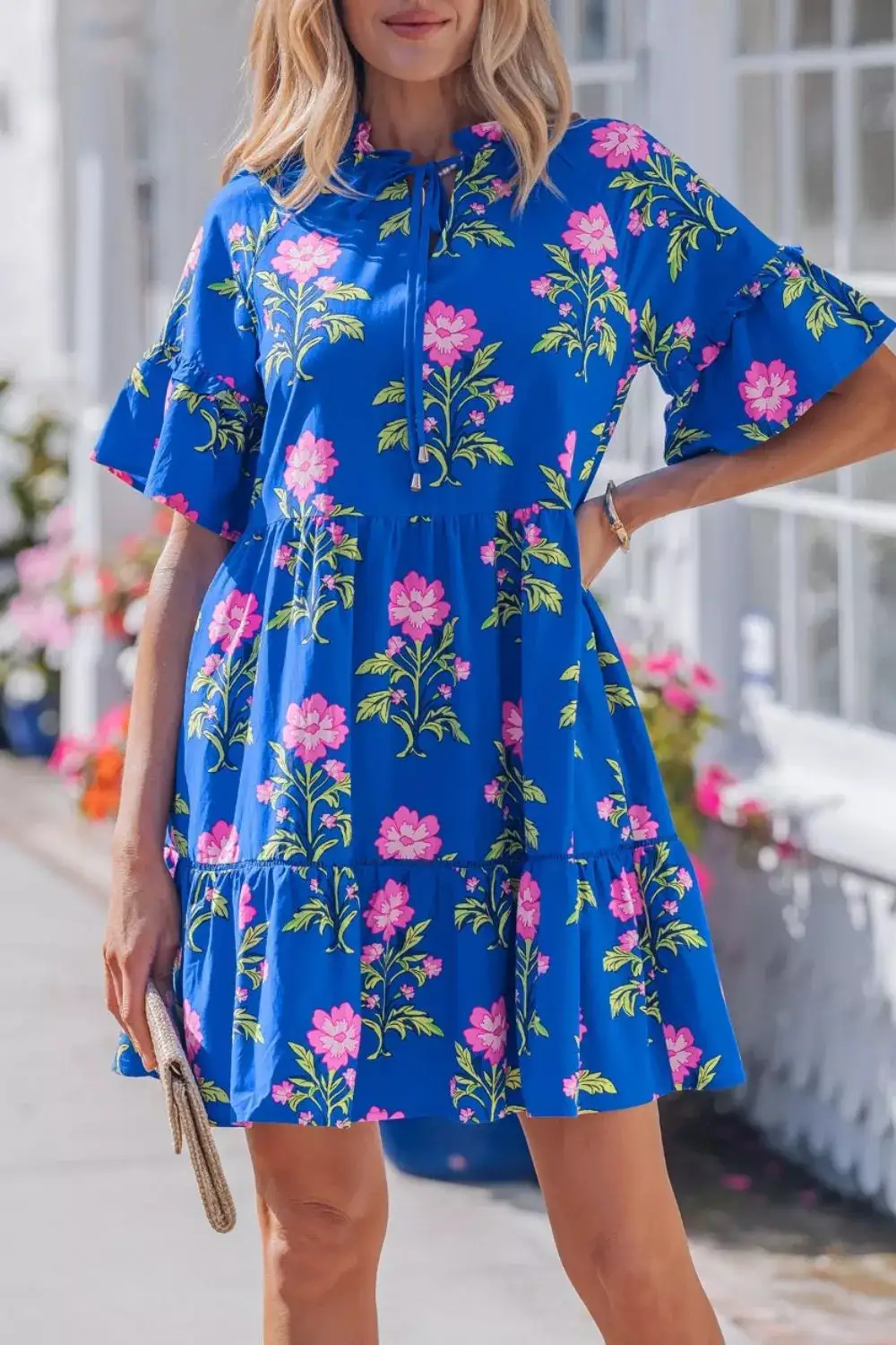 Floral V Neck Short Sleeve Dress Casual