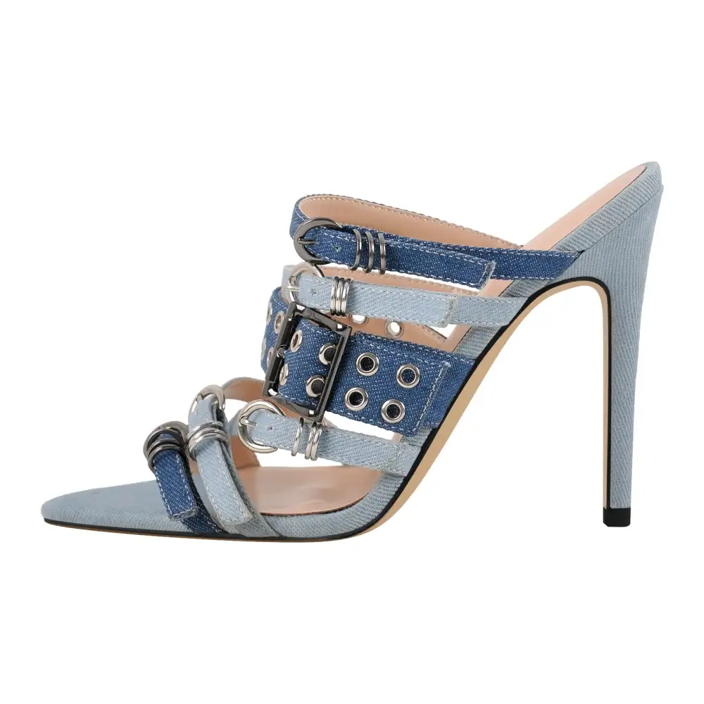 Denim Pointed Toe Buckle Strap Mule Sandals