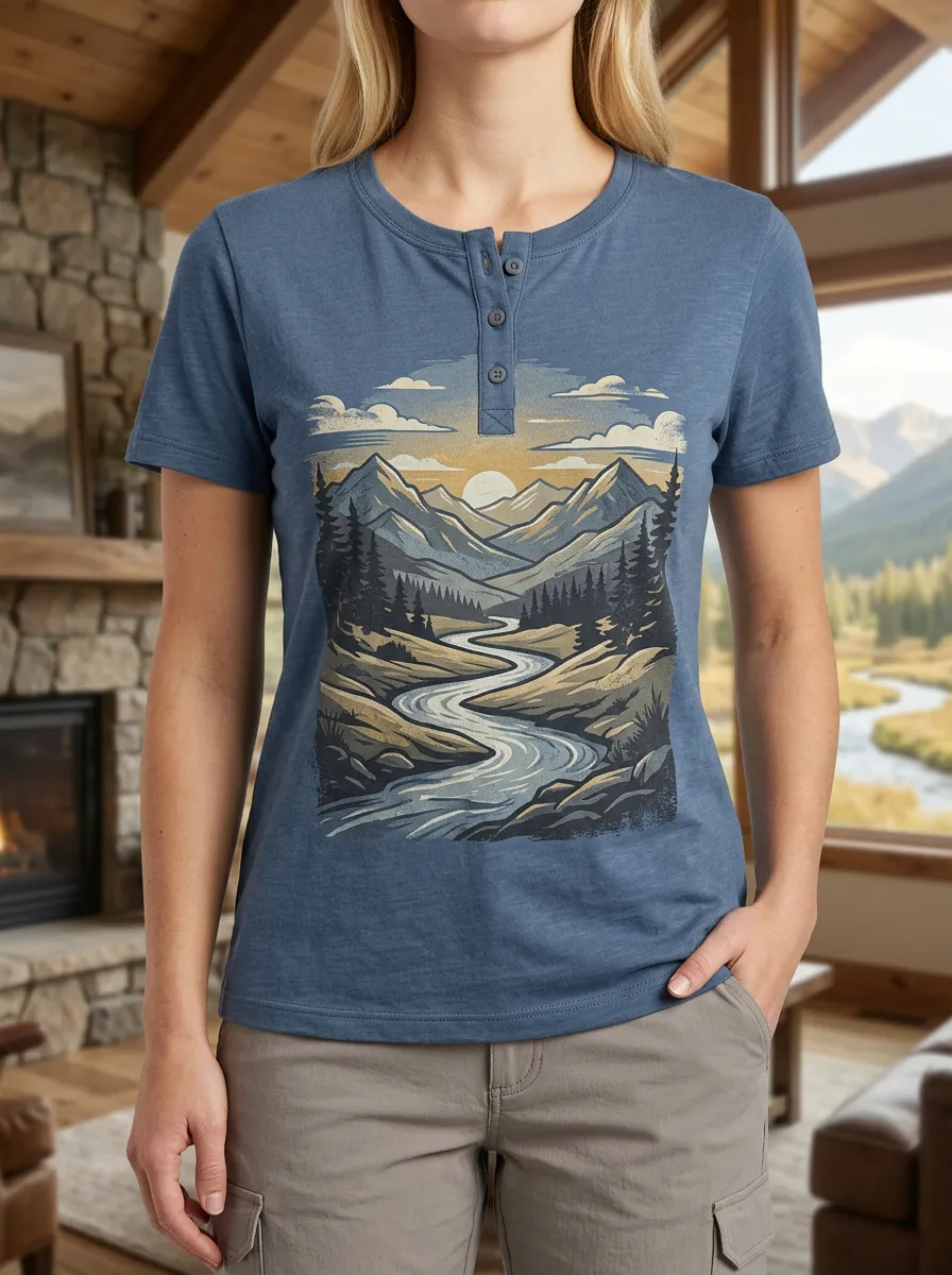 Women's Modern Nature Lover Mountain River Henley T-Shirt