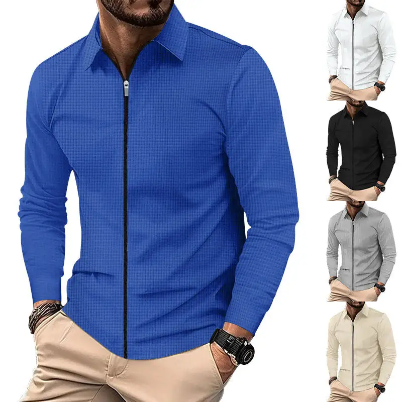Waffle Texture Long Sleeve Fine Knit Polo Shirt