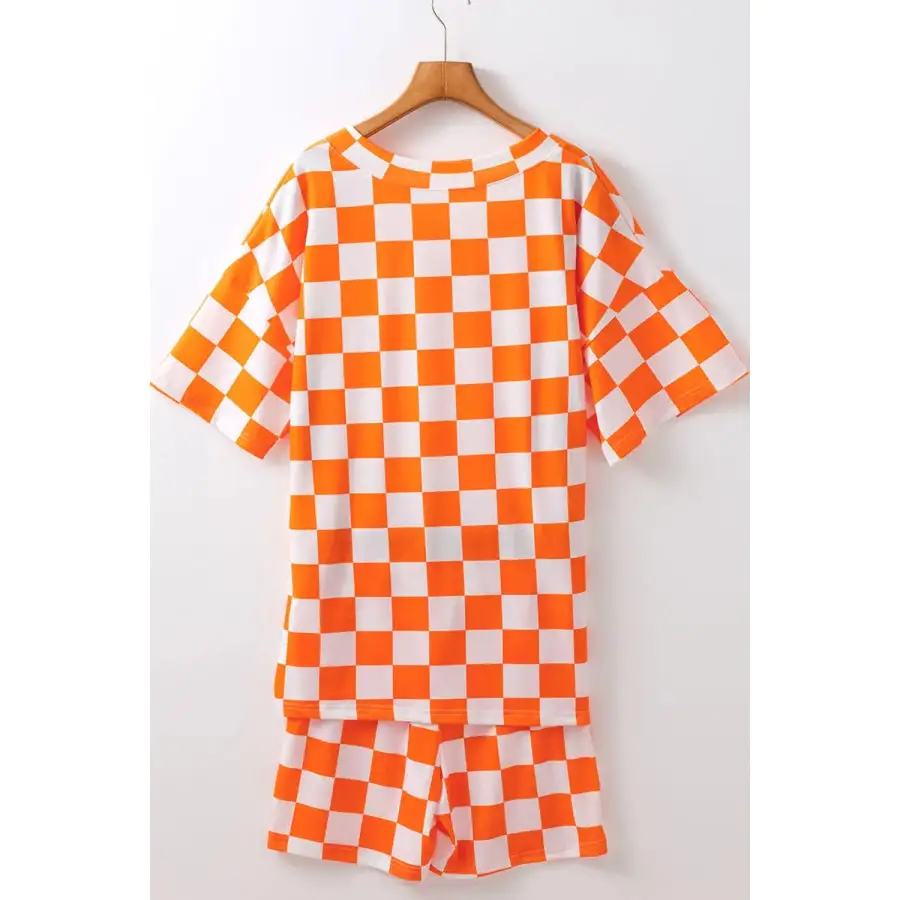 Checkerboard V Neck Loose Tee and Shorts Set