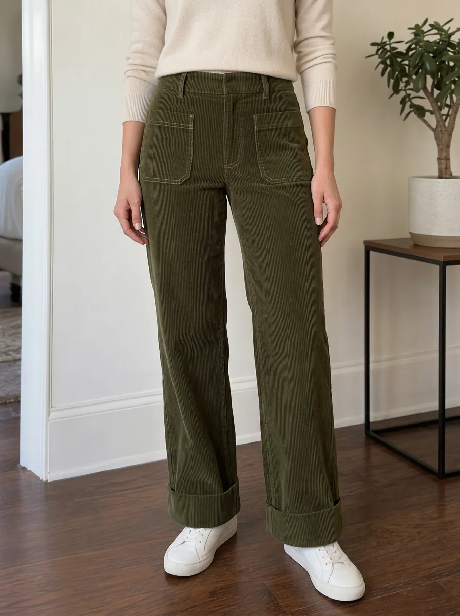 Women's Casual Autumn Olive Green Corduroy Wide Leg Pants