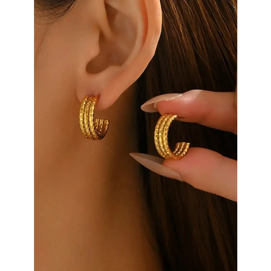 K Gold Plated Textured Triple Band Hoop Earrings