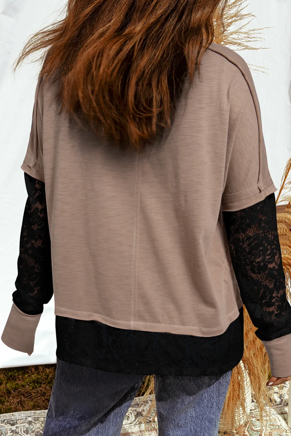 Light Beige Sheer Lace Patchwork Tee