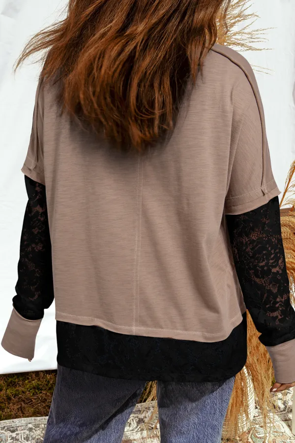 Light Beige Sheer Lace Patchwork Tee