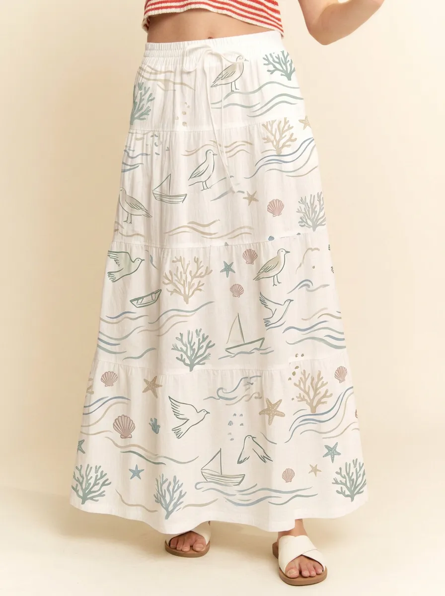 Women's Beach Lover Nautical Seagull Seashell Printed Maxi Skirt