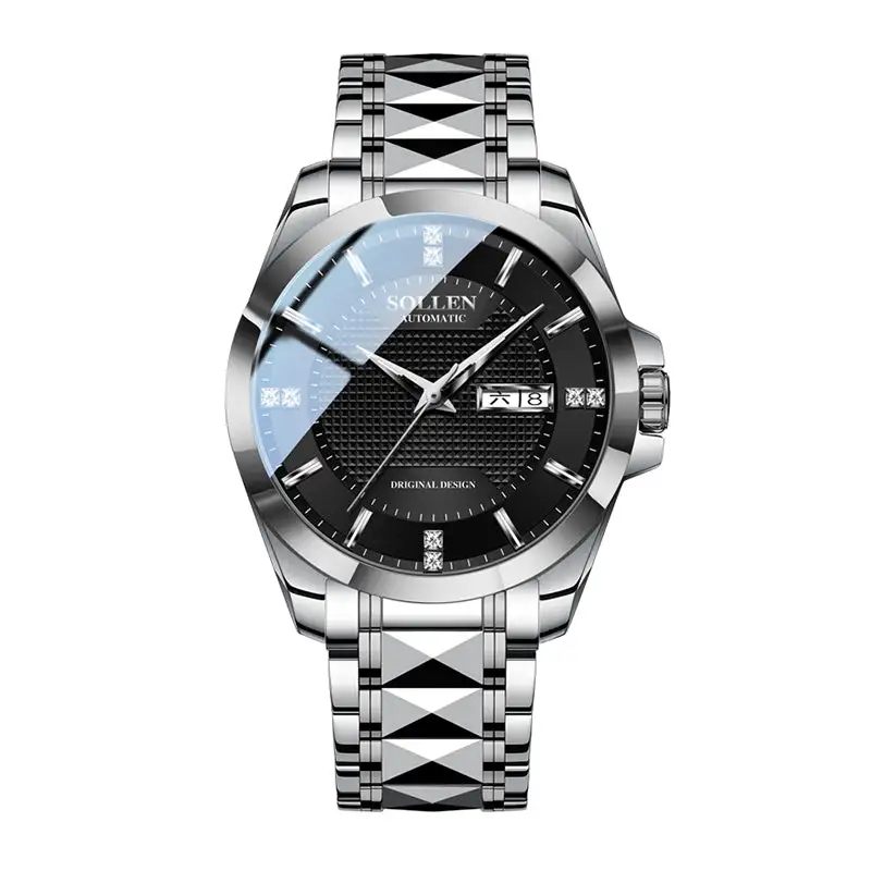 Sollen 9087 Automatic Watch - Men's Dress Citizen 8205 Grid Dial Day Date Crystal Luminous Marker 7-Bead Steel Bracelet Wristwatch