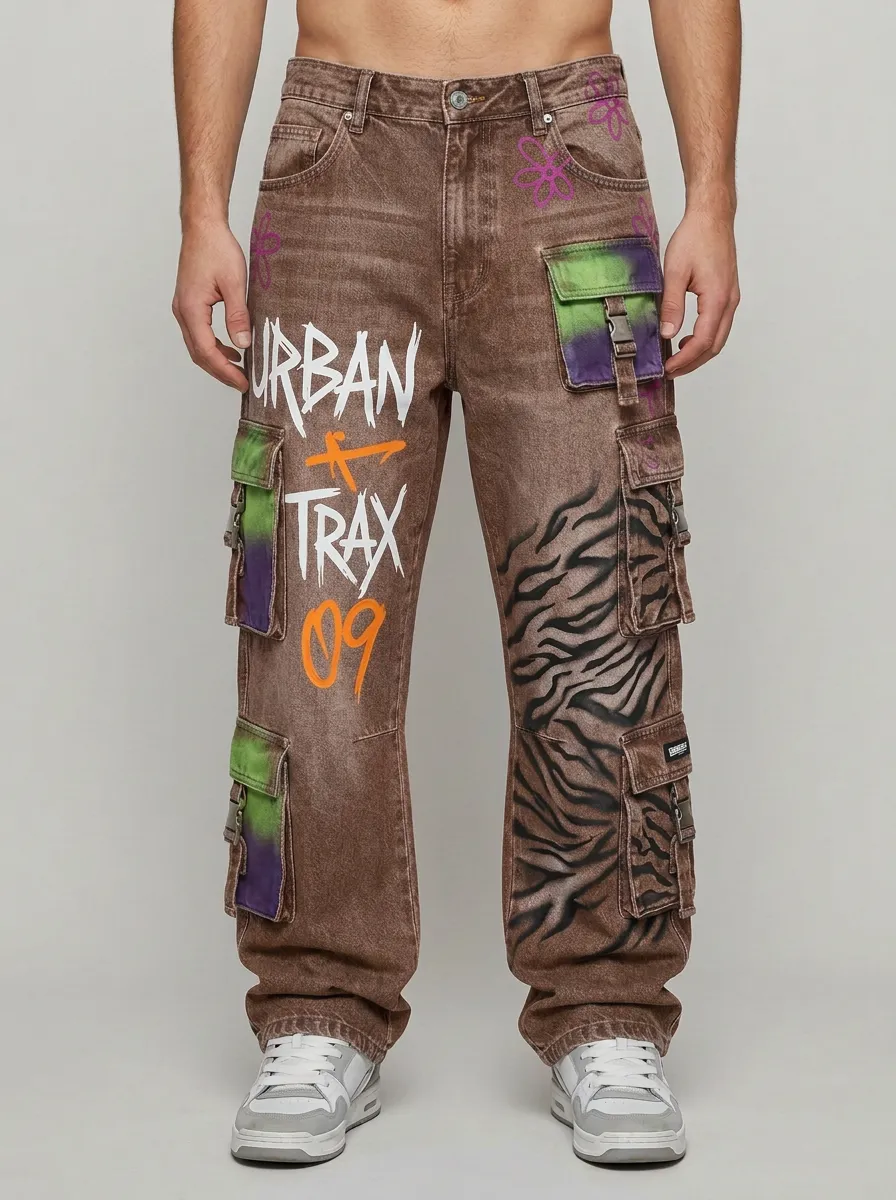 Men's Streetwear Urban Trax Graffiti Tiger Stripe Graphic Cargo Jeans