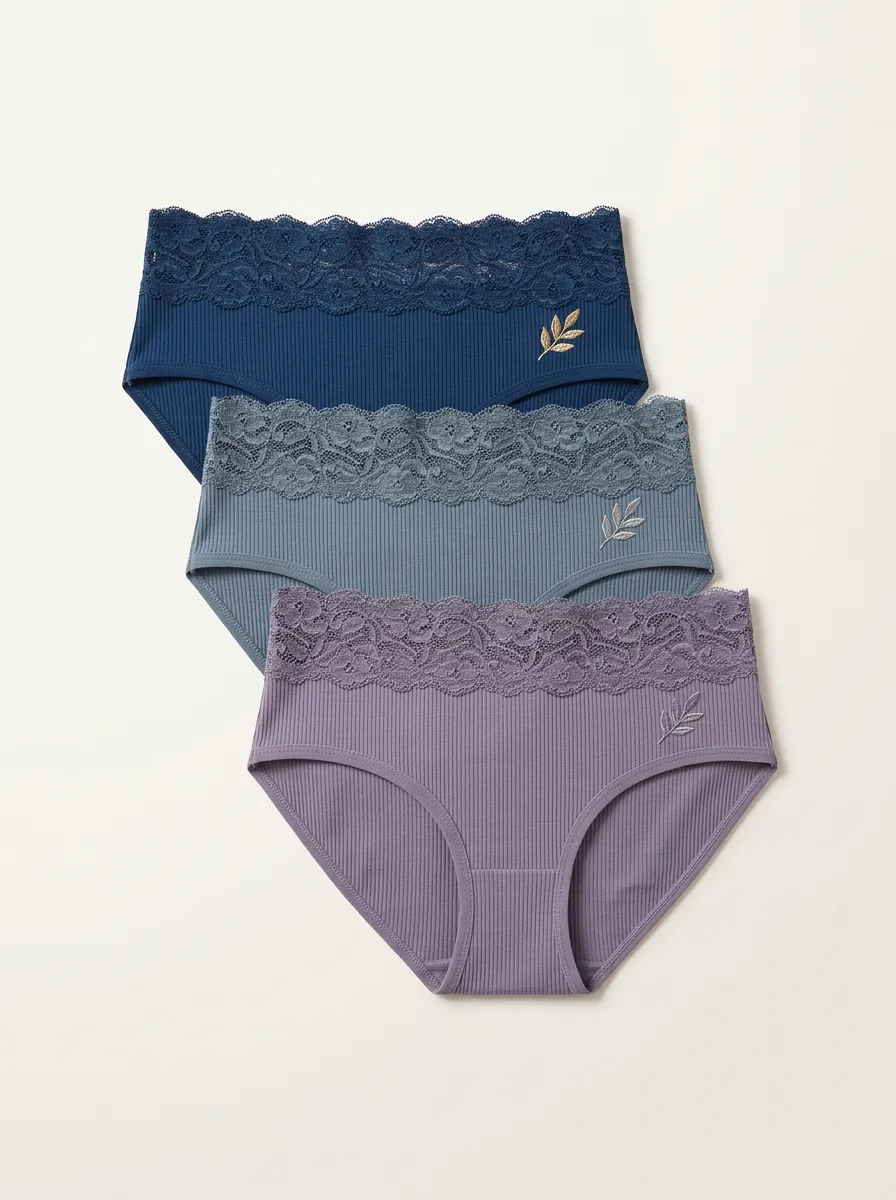 Women's Ribbed Lace-Trim Leaf Embroidered Brief Set