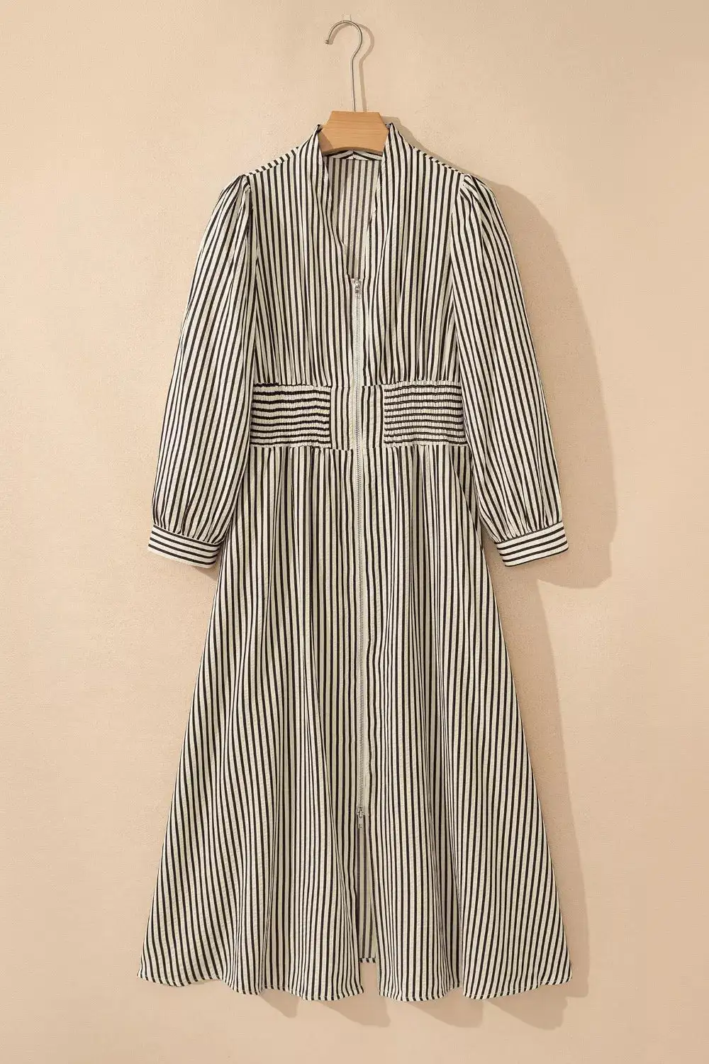 Striped V Neck Zip Front Midi Dress